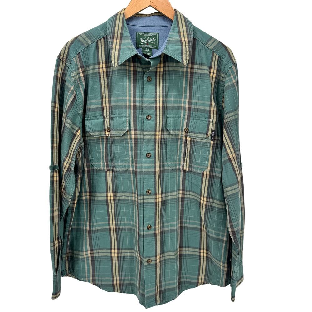 Woolrich Shirt Mens Large Green Plaid Long‎ Sleeve Button Up Coastal Cotton
